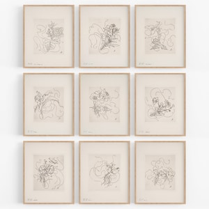 Set of Nine French Porcelain Flower Sketches  / Botanical Art / Vintage Botanical / French Art / Flower Art / Wall Decor / Flower Sketch