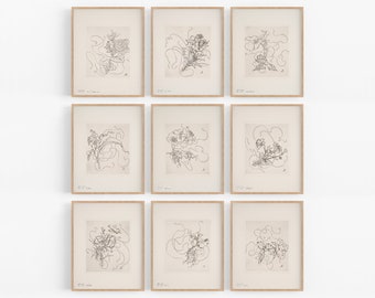French Porcelain Flower Sketches with Wide Borders Art Prints - Set of Nine