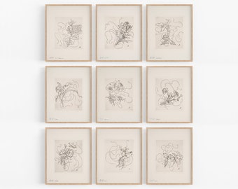 Set of Nine French Porcelain Flower Sketches  / Botanical Art / Vintage Botanical / French Art / Flower Art / Wall Decor / Flower Sketch