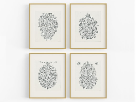 Abstract Graphic Flower Bouquet Art Prints - Set of Four
