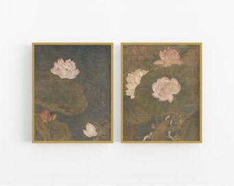 Lotus Flower Art Prints - Set of Two / Flower Art / Water Lily Art / Asian Art / Lotus Art / Lotus Painting / Chinoiserie / Chinese Art