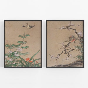 Set of Two Japanese Flower and Bird Art Prints / Japanese Art / Flower Art / Bird Art Print / Wall Decor / Asian Art / Chinoiserie Art / Art