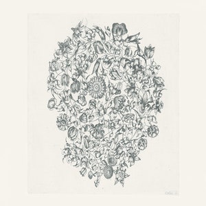 May include: A black and white illustration of a floral design with intricate details. The design features a variety of flowers and leaves arranged in a circular pattern.