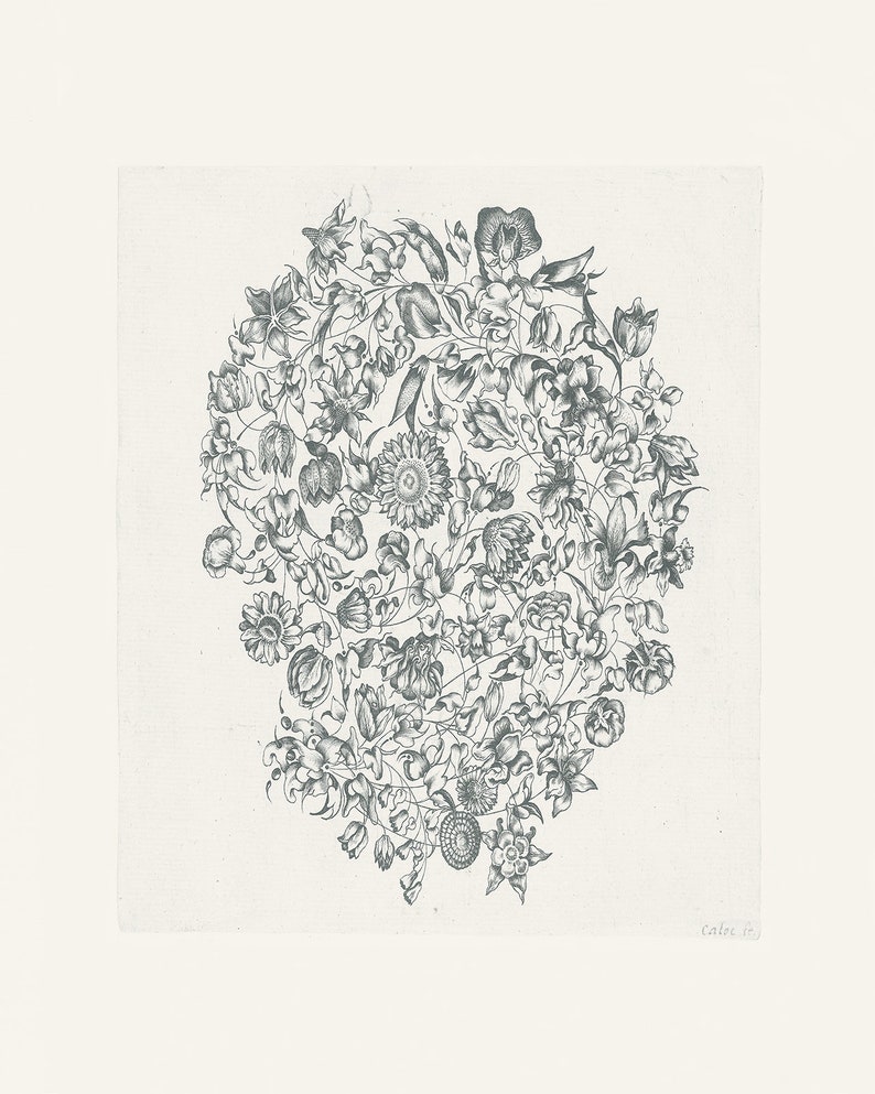 May include: A black and white illustration of a floral design with intricate details. The design features a variety of flowers and leaves arranged in a circular pattern.