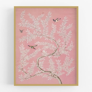 Chinese Birds and Foliage Chinoiserie Wallpaper Art Print in Pink