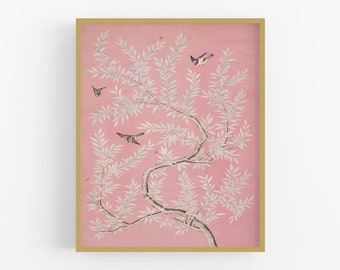 Chinese Birds and Foliage Chinoiserie Art Print / Vintage Art / Chinese Art / Bird Art / Wall Decor / Asian Art / Chinoiserie Art / Pink Art