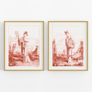 Set of Two Coral Chinoiserie Figures Art Prints, Set #1 /  Art / French Art / Wall Decor / Asian Art / Chinoiserie Art / Chinoiserie