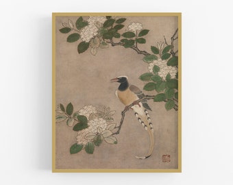 Magpie on viburnum branch art print / vintage art / chinese art / bird art / asian art / chinoiserie / flower art / chinese flower art