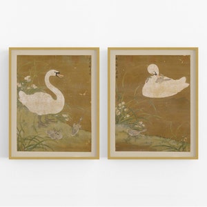 Chinese Swan and Baby Cygnets, Chinoiserie Baby Nursery Art Prints -Set of Two