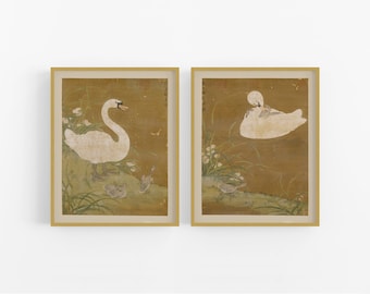 Chinesischer Schwan und Baby Cygnets, Chinoiserie Baby Kinderzimmer Art Prints - 2er Set