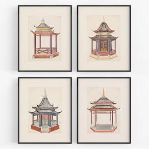 Chinese Pagoda Chinoiserie Watercolor Art Prints - Set of Four