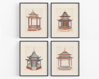 Set of Four Chinese Pagoda Watercolor Art Prints / Chinese Art / Wall Decor / Asian Art / Chinoiserie Art / Chinoiserie / Pagoda Art / Art