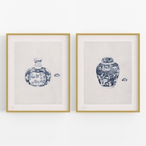 Set of Two Watercolor Chinoiserie Jar Art Prints, Set # 3 /  Art / Wall Decor / Asian Art / Chinoiserie Art / Ginger Jar Art / Art