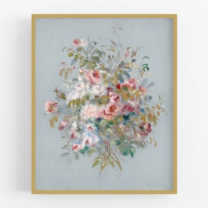French flower bouquet painting art print in blue colorway / botanical art / french art / vintage botanical / flower painting / flower art