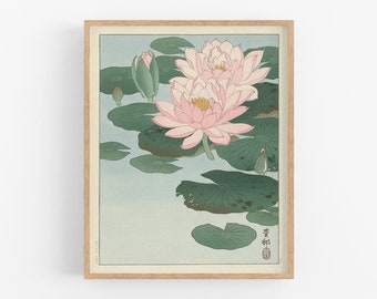 Japanese water lily flowers botanical art print /   art / japanese art / asian art / botanical art / flower art / wall decor / art