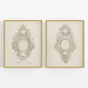 Set of Two European Medallion Drawing Art Prints /  Art / French Art / Wall Decor / European Art / Architectural Art / Farmhouse Art