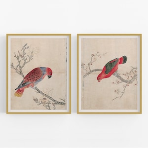 Japanese Parrot Art Prints in Reds - Set of Two