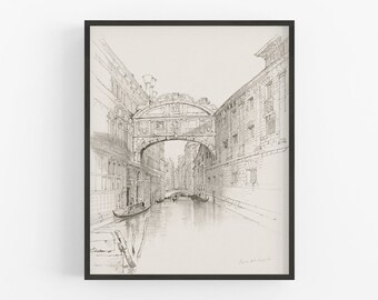 May include: A black and white line drawing of a bridge over a canal in Venice, Italy. The bridge is arched and has a decorative design. There are gondolas in the canal.