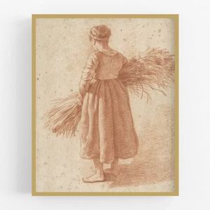 Woman with Grain Art Print / Female Sketch / Europe Art / Wall Decor / Sketch / Farmhouse Decor / Sketch of Woman / Vintage Chalk Sketch