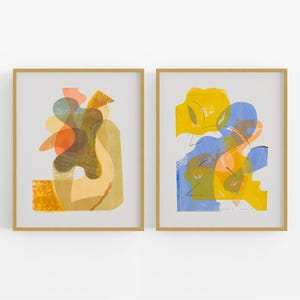 Modern Abstract Screen Prints in Yellow, Orange and Blue Art Prints - Set of Two
