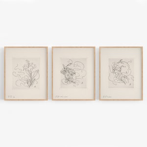 French Porcelain Flower Sketches with Wide Borders Art Prints - Set of Three