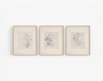 French Porcelain Flower Sketches with Wide Borders Art Prints - Set of Three