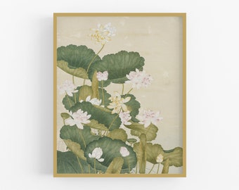 Pink Lotus Art Print / Vintage Asian Art / Flower Art / Water Lily Art / Asian Art / Chinese Art / Lotus Art / Lotus Painting / Chinoiserie