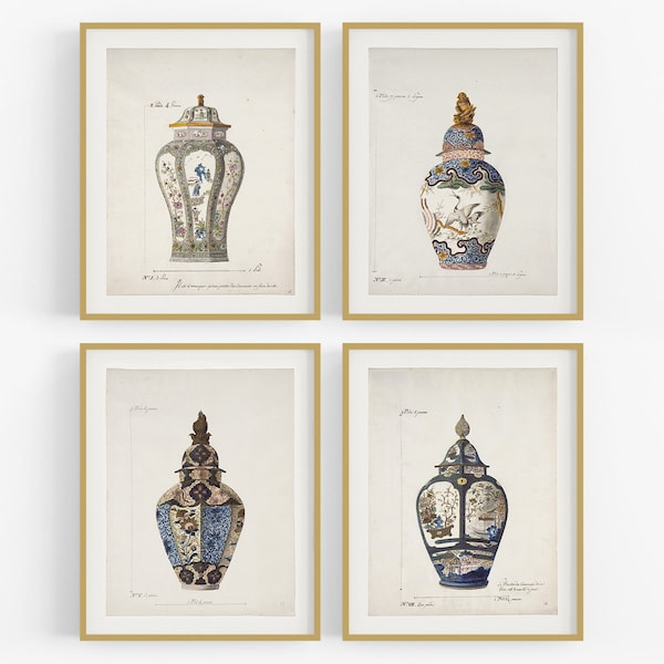 Láminas decorativas de estilo chinoiserie francés con tarros de jengibre - Juego de cuatro