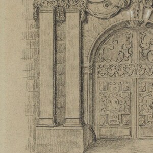 May include: A black and white pencil drawing of a doorway with two columns and an ornate wooden door with intricate carvings.