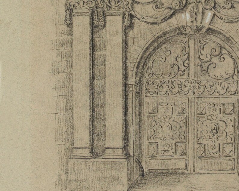 May include: A black and white pencil drawing of a doorway with two columns and an ornate wooden door with intricate carvings.