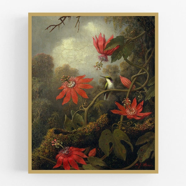 Hummingbird and passion flowers art print / vintage art / flower art / wall decor / botanical art / botanical flower art / hummingbird art