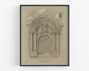 May include: A black and white pencil drawing of an ornate arched doorway with a detailed carved design. The drawing is on a beige background and includes the text "Project for the Synagogue, 1913, Geoffrey  Shreve".