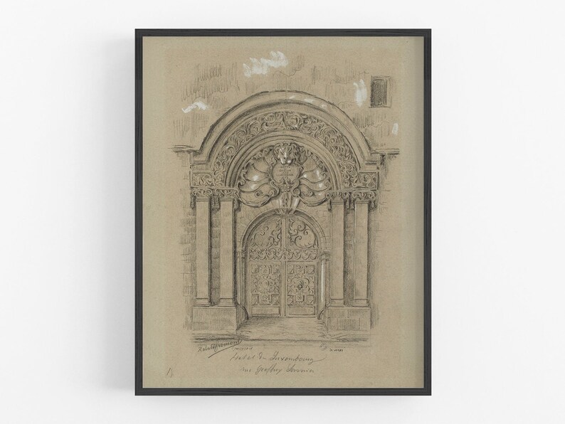 May include: A black and white pencil drawing of an ornate arched doorway with a detailed carved design. The drawing is on a beige background and includes the text "Project for the Synagogue, 1913, Geoffrey  Shreve".