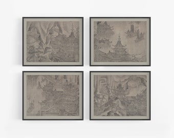 Op de afbeelding: Vier ingelijste zwart-witte inkttekeningen van Chinese landschappen met gebouwen en bergen. De tekeningen zijn in een traditionele stijl en kenmerken zich door delicate penseelstreken.