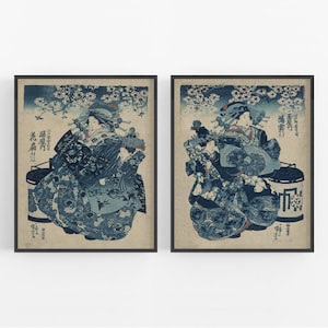 Japanese Women in Blue Art Prints - Set of Two /  Art / Japanese Art / Geisha Art / Asian Art / Chinoiserie Art / Japanese Portrait