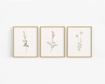 Set aus drei rosa Wildblumen Botanischen Kunstdrucken / Vintage Blumenkunst / Botanische Kunst / Wildblumenkunst / Blumenkunst / Kinderzimmerkunst / Kunst