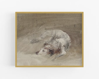 May include: A watercolor painting of a white dog lying on its side with its head resting on its paws. The dog is painted in shades of gray and brown, and the background is a light brown.