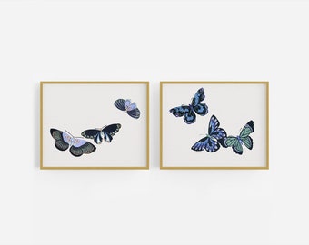 Gravure sur bois japonaise papillon bleu - Lot de deux
