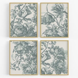 Set of Four Graphic Flower Etching Art Prints in Teal / Vintage Botanical Art / Flower Art / Vintage Botanical / Wall Decor / Nursery Art