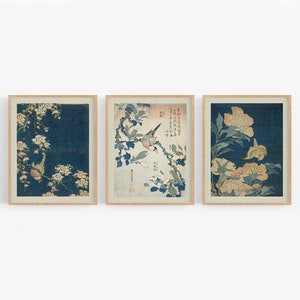 Set of Three Japanese Flower Art Prints / Vintage Art / Botanical Prints / Chinoiserie / Japanese Art / Flower Art / Bird Art / Wall Decor