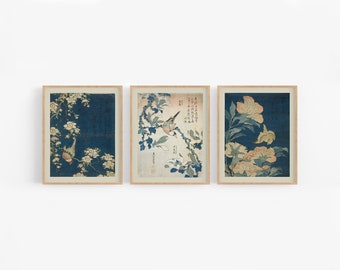 Set of Three Japanese Flower Art Prints / Vintage Art / Botanical Prints / Chinoiserie / Japanese Art / Flower Art / Bird Art / Wall Decor