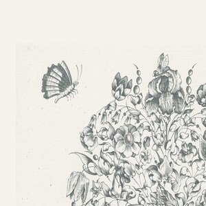 May include: A black and white line drawing of a butterfly flying towards a bouquet of flowers. The flowers include irises, roses, and other blooms. The drawing is detailed and intricate.