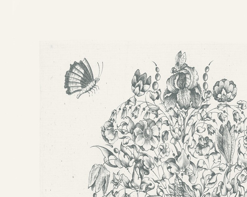 May include: A black and white line drawing of a butterfly flying towards a bouquet of flowers. The flowers include irises, roses, and other blooms. The drawing is detailed and intricate.