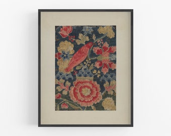 Textile design art print / vintage art / bird and flowers / wall decor / bird art / flower art / embroidery art / design art / flower design