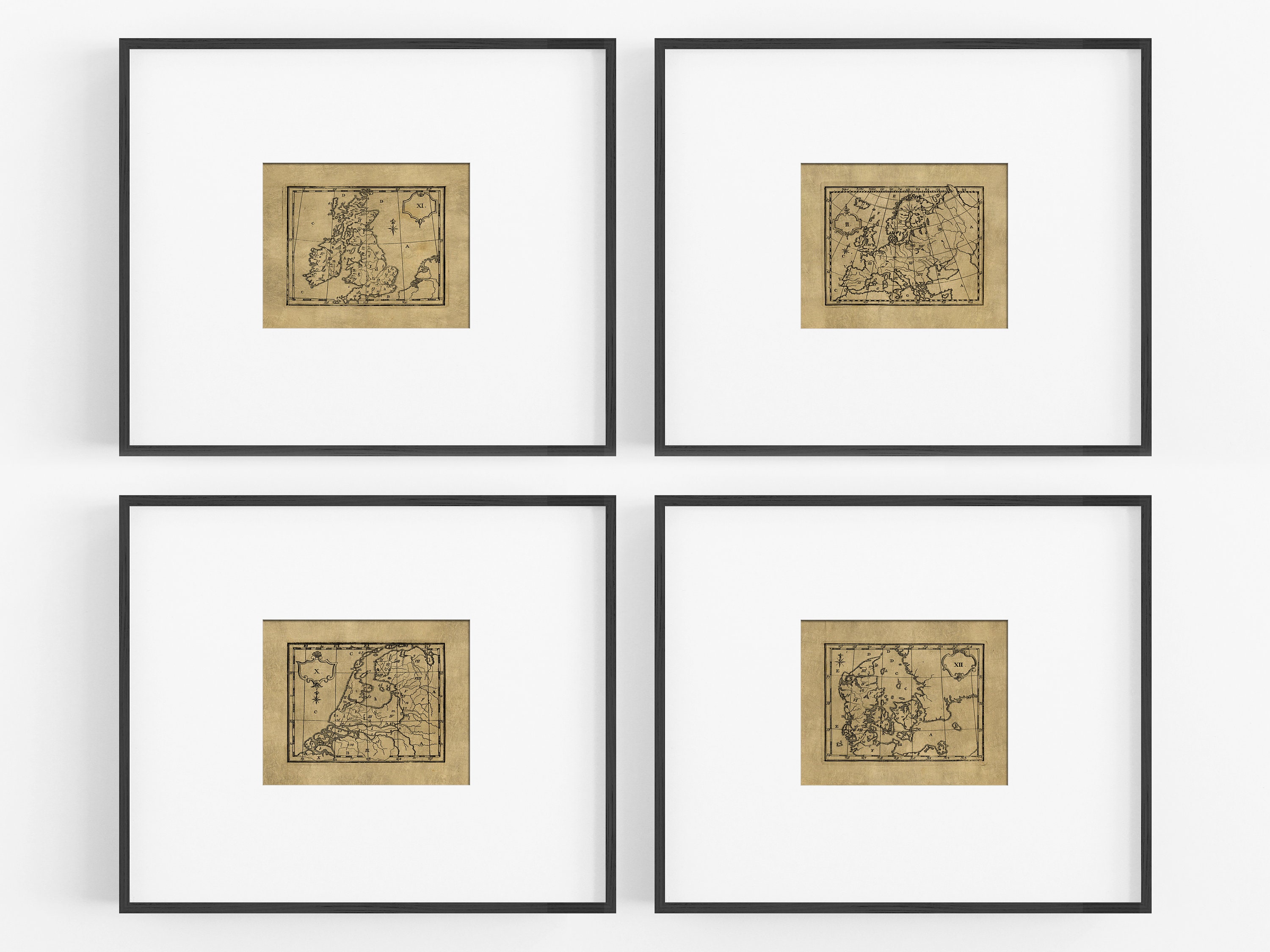 Set of Four Europe Map Prints on Gold / Vintage Art / Europe Etsy