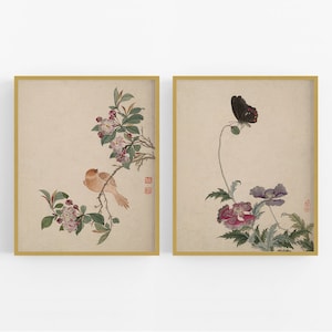 Stampe d&#39;arte botanica con fiori cinesi, uccelli e farfalle - Set di due