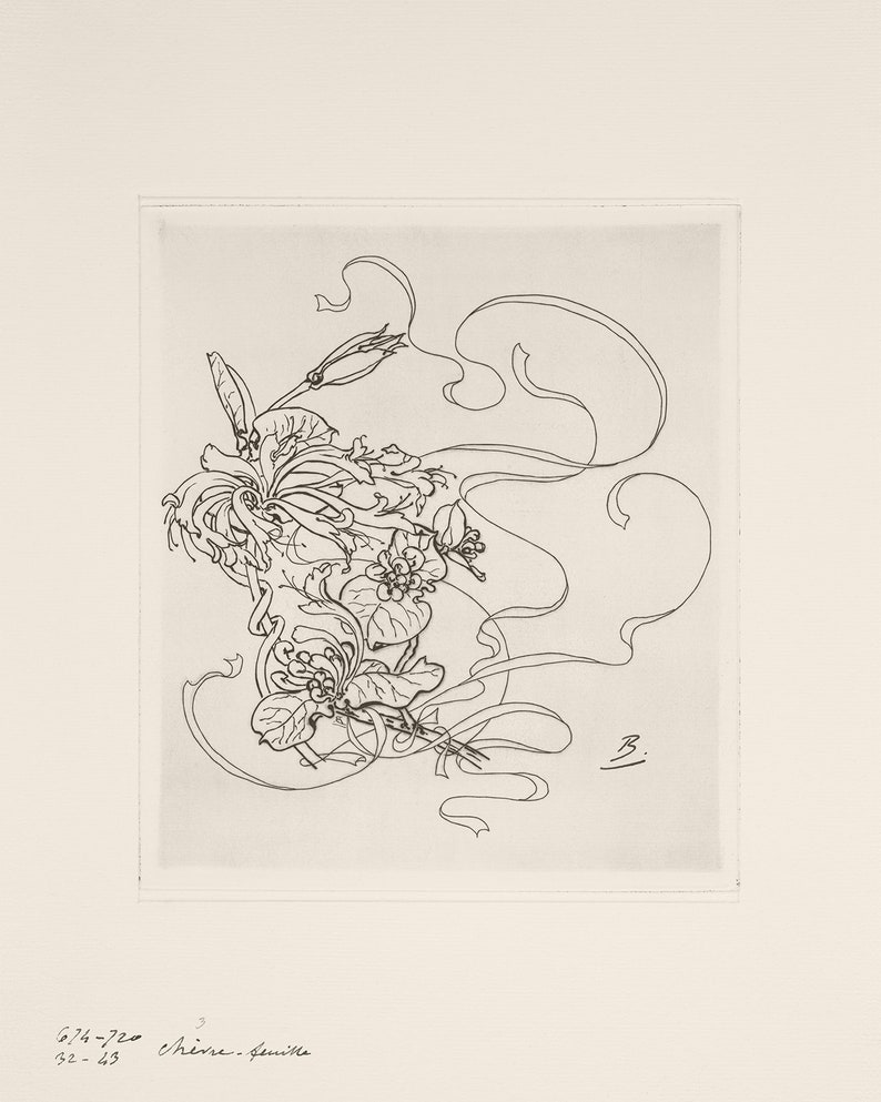 以下が含まれることがあります： リボンが付いた花束の白黒線画。アールヌーボー様式で描かれている。左下に「676-720 32-43 Chevre. Famille」というテキストが書かれている。