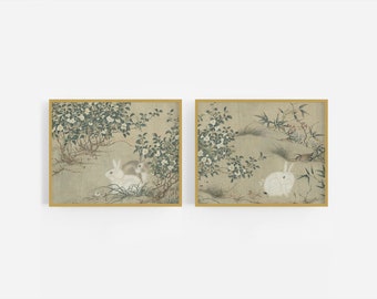 Chinoiserie Bunny Art Prints - Set of Two / Bunny Art / Chinoiserie Art / Botanical Art / Asian Art / Nursery Art / Chinese Art / Baby Art