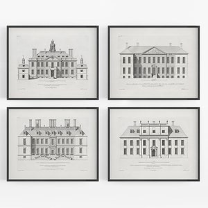 London Townhouse Architectural Elevation Drawing Art Prints - Set of Four