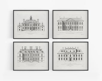 London Townhouse Architectural Elevation Drawing Art Prints - Set of Four